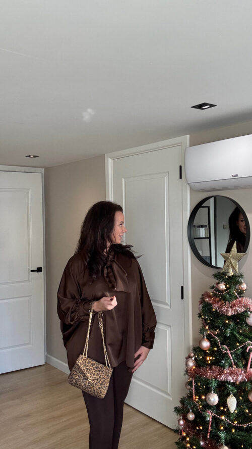 Blouse Satijn strik brown Label-L-Blouse Label-L